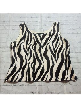 KASPER Shell Tank Top Womens 14 Brown Cream Linen Rayon Zebra Animal Print Lined